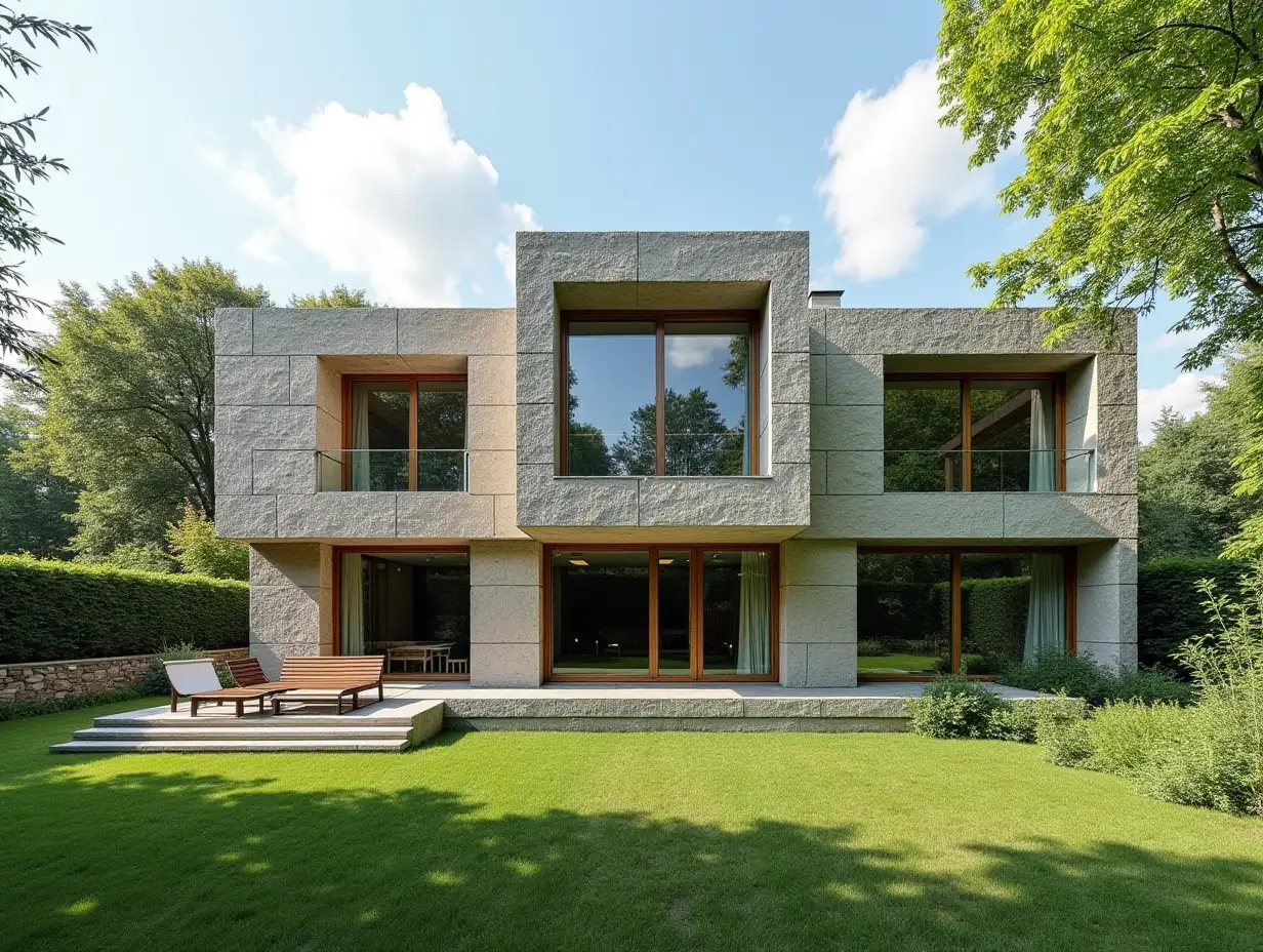 KI Quadratischer Haus In der Prärie sehr großen Gärten,Stein Stuck große Fenster mit Glas,geschwungene, Rauen Fensterformen, gewundene zwei große Eingangstreppe aus Stein,4K-Auflösung farbenfroh superWeitwinkel Aufnahmen