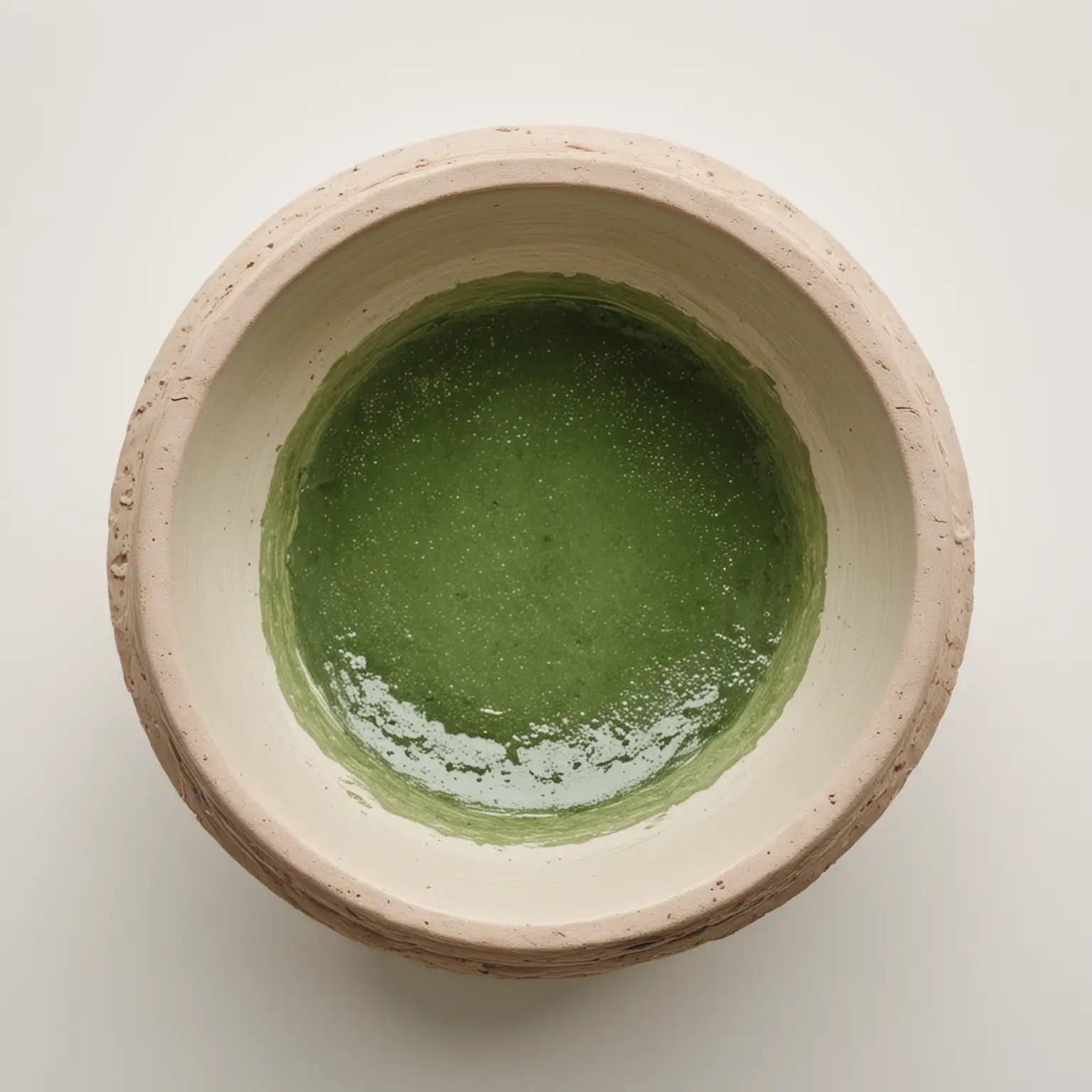 view strictly from above: a clay bowl, half filled with vegetable oil. At the bottom of the bowl lies a green pigment. White background.