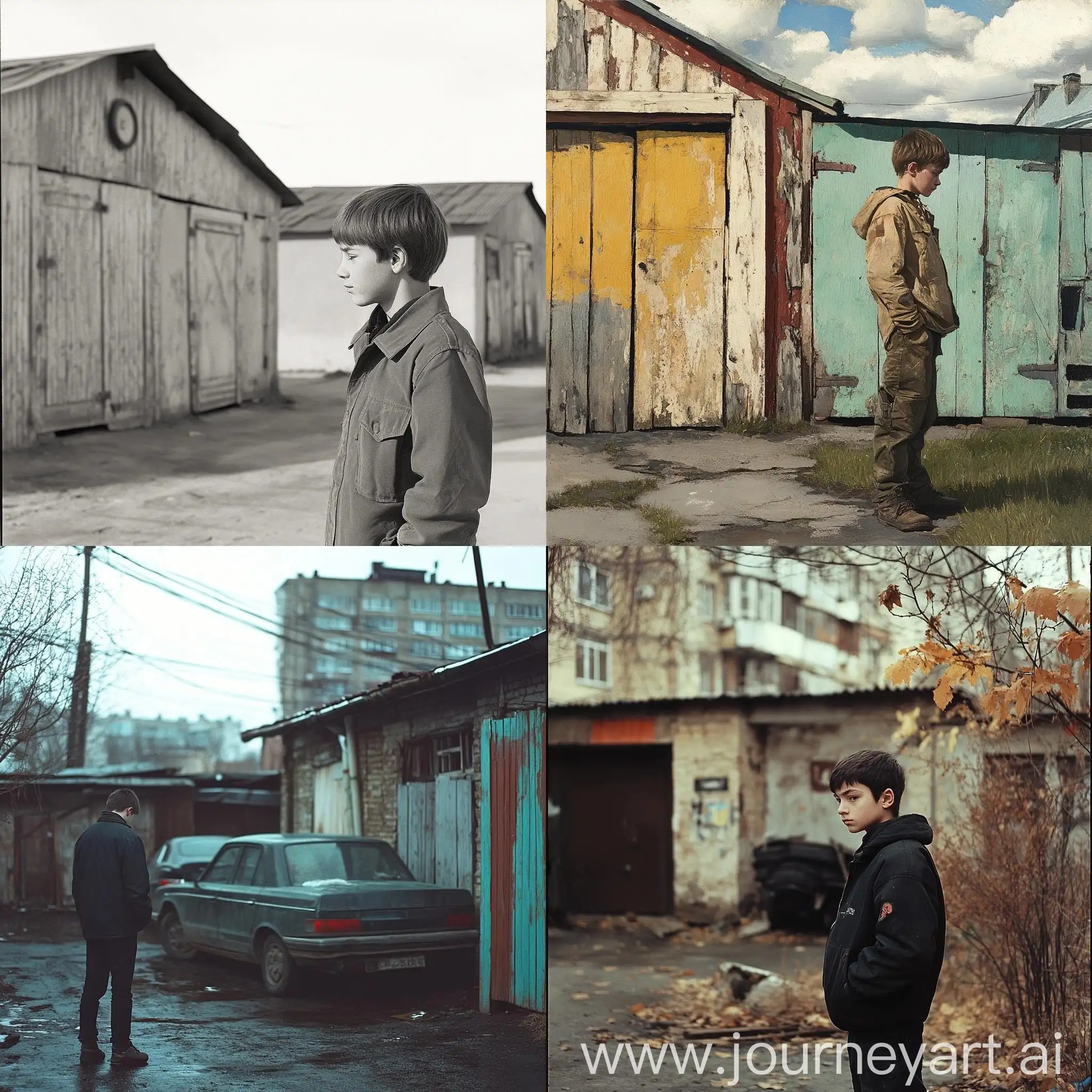 Teenage-Boy-Standing-Near-Russian-Garages