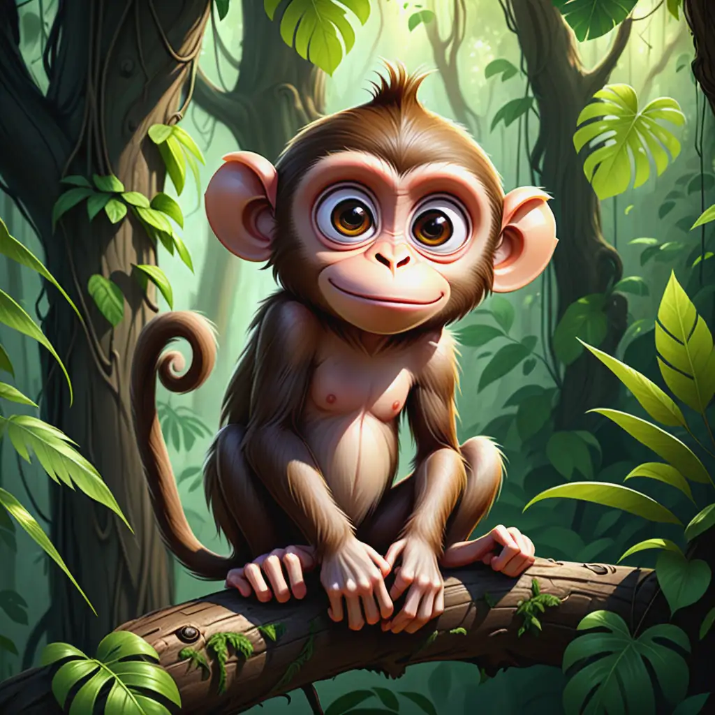 PixarStyle Disney Character Curious Rhesus Monkey in Tropical Forest