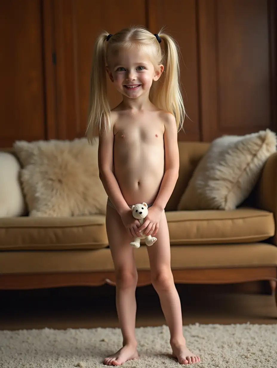 Skinny-Little-Girl-with-Sandy-Blonde-Hair-Holding-Stuffed-Animal-in-Cozy-Room