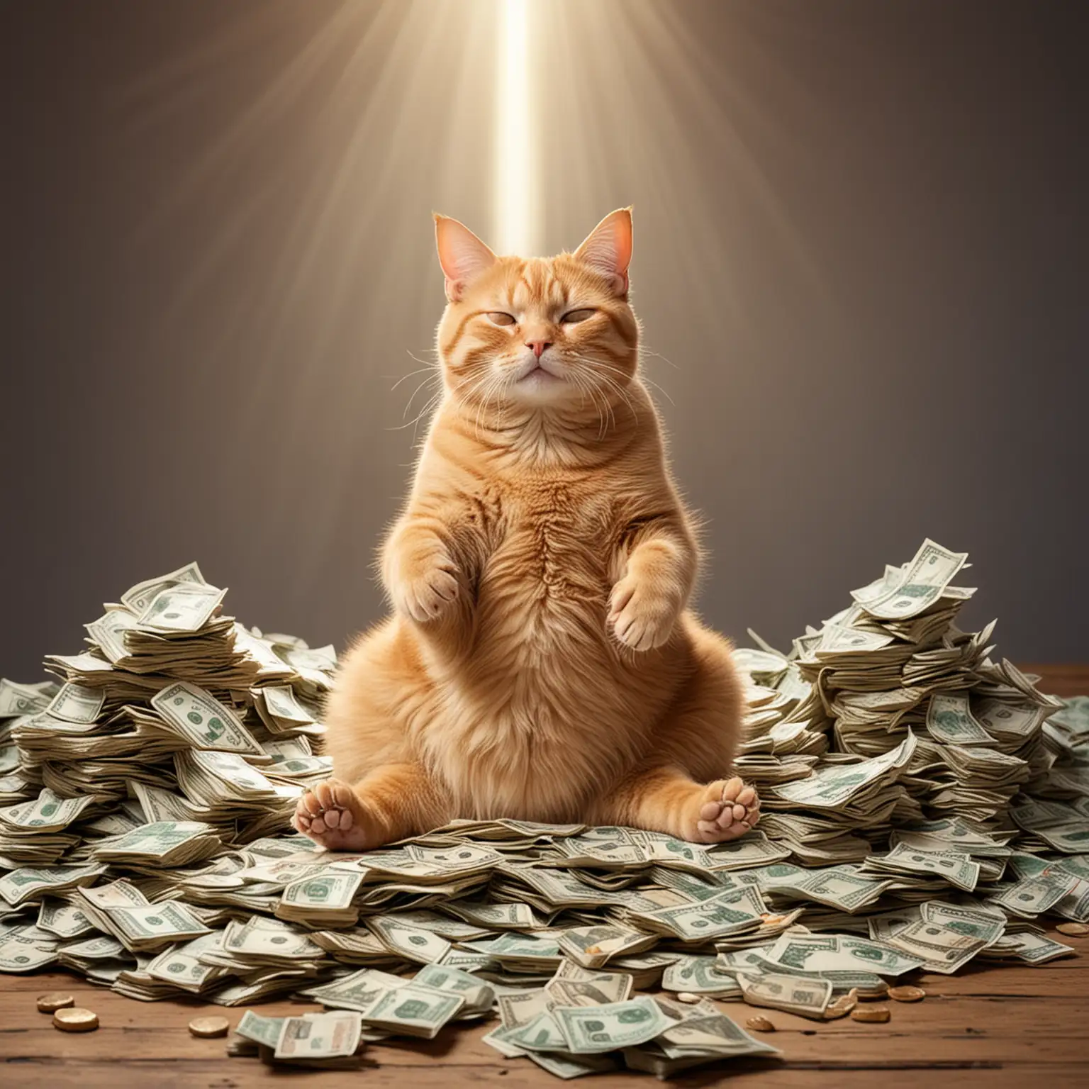 Meditating-Ginger-Cat-on-Pile-of-Money-with-Beam-of-Light