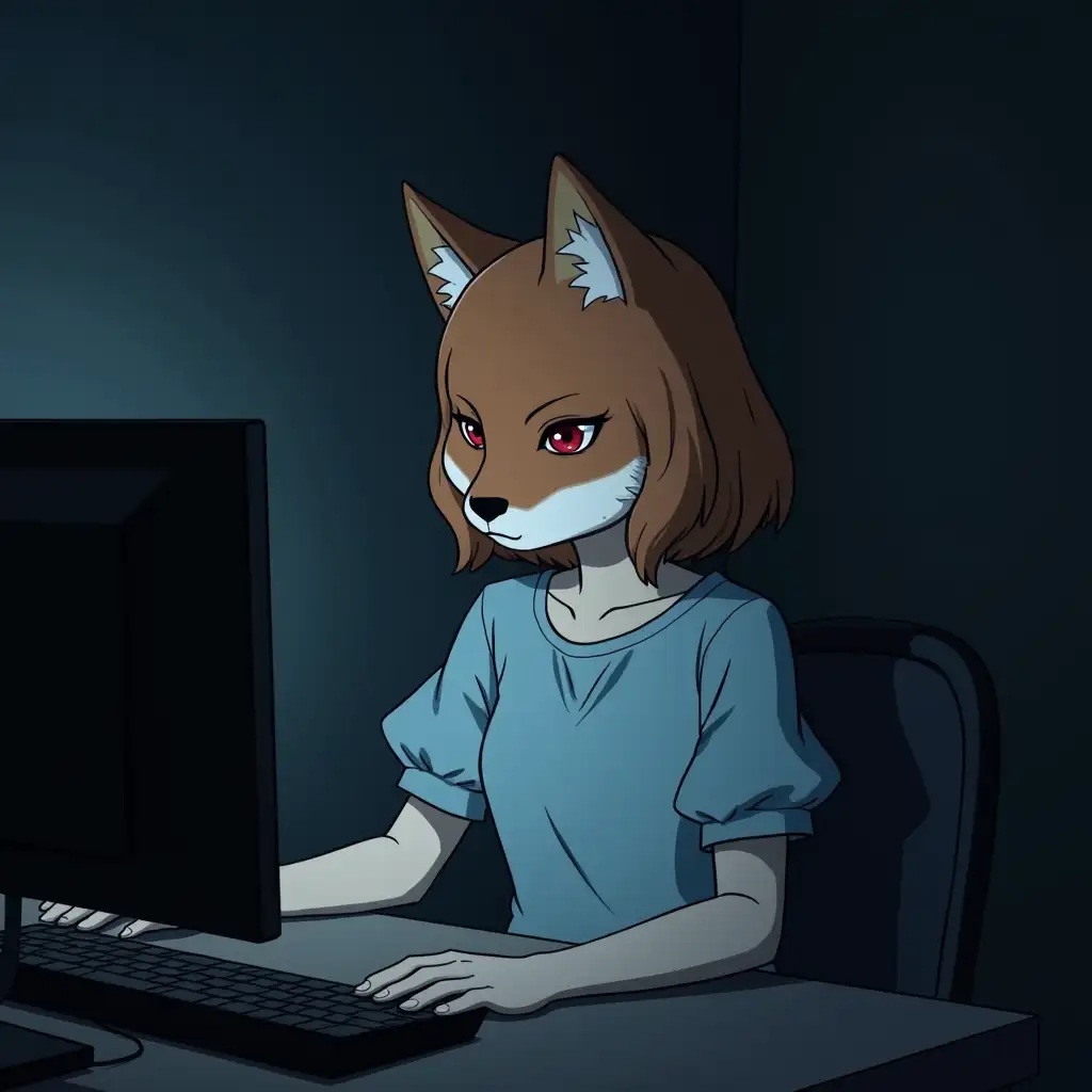 A girl wearing light blue dress is sitting in front of her computer. She has a mask of a fox on her face. The whole picture is dark and creepy. Anime style.