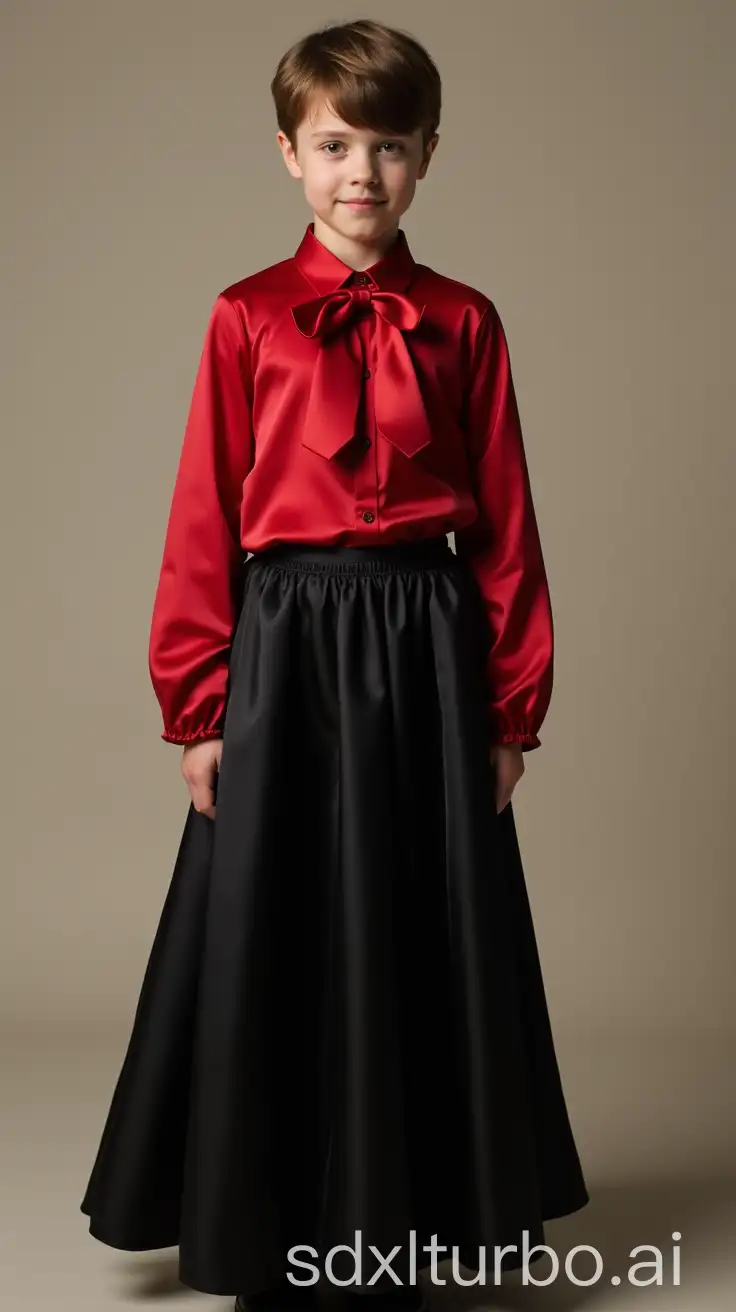 Front view of a 16 year old feminine boy making a curtsey. He is wearing a very feminine red satin blouse with a large bow, a floorlength black satin skirt.