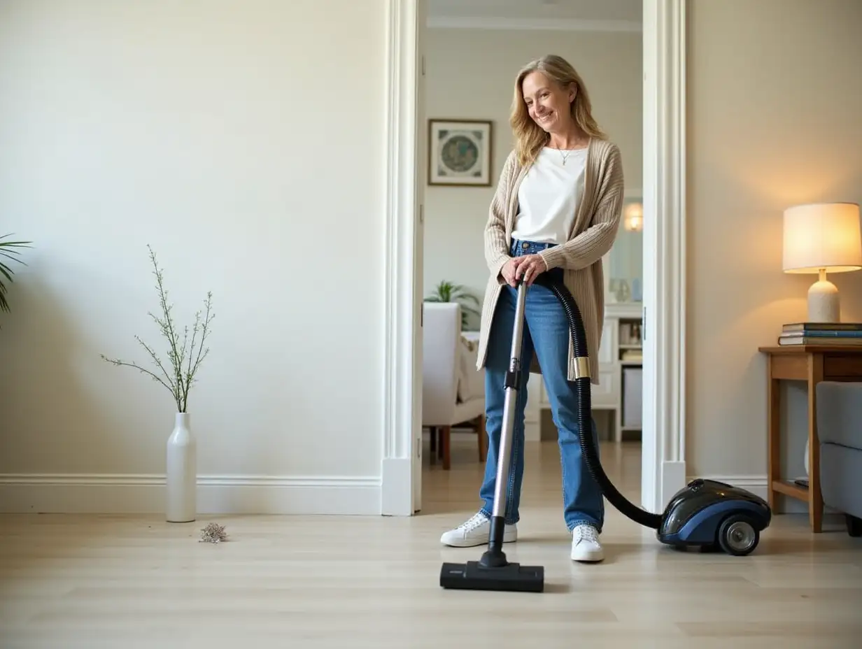 Photo of charming senior woman dressed casual cardigan use modern vacuum cleaner cleaning home house apartment room indoors