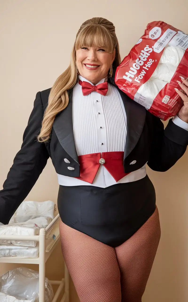 Smiling-MiddleAged-Woman-in-Formal-Tuxedo-Holding-Huggies-Package-in-Nursery