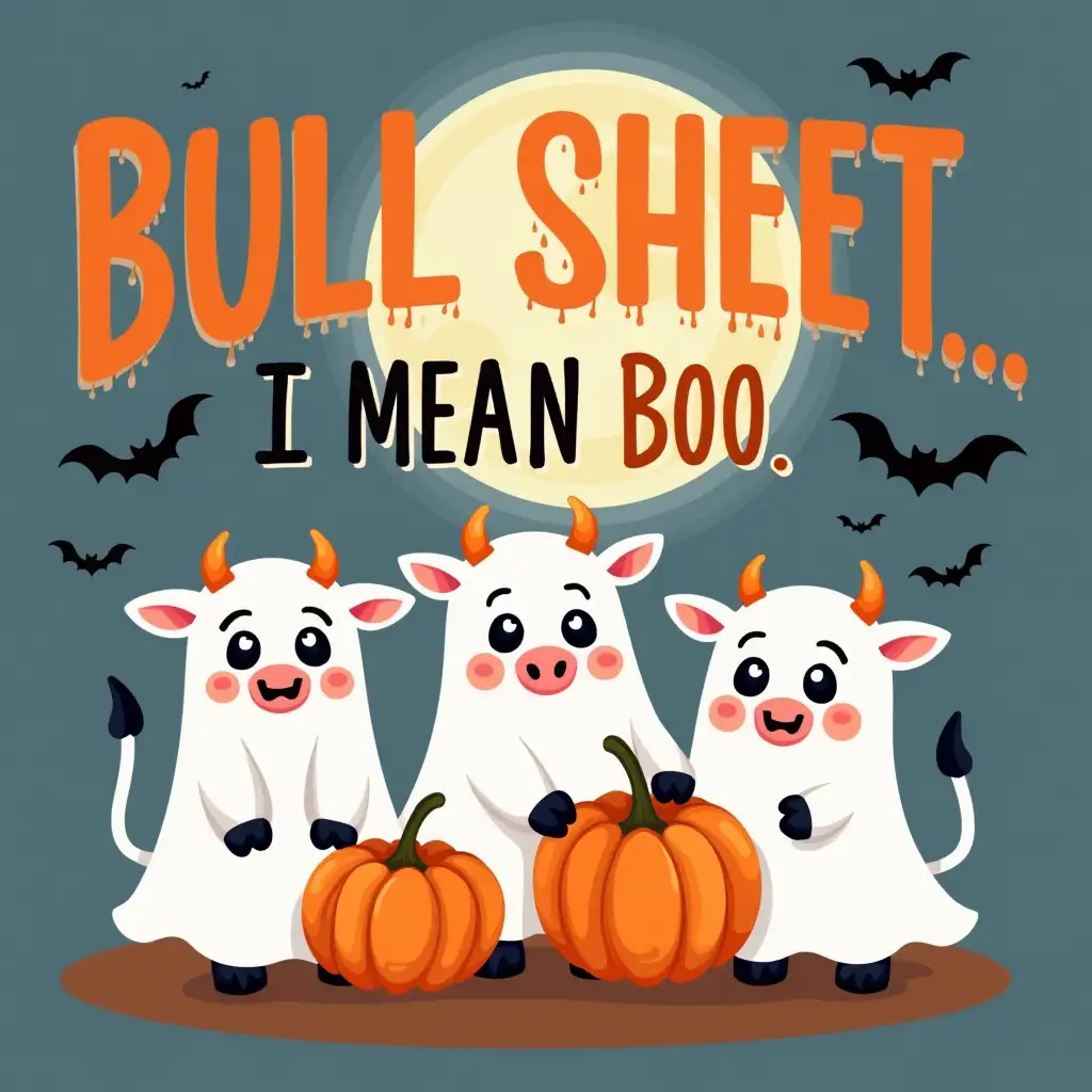 Create a Halloween-themed featuring three cute cows dressed as ghosts. The cows should be holding pumpkins and surrounded by bats and a full moon. The text 'BULL SHEET... I MEAN BOO' should be prominently displayed in bold, contrasting fonts, with a playful, handwritten style. The overall style should be lighthearted and fun, with a touch of cuteness.