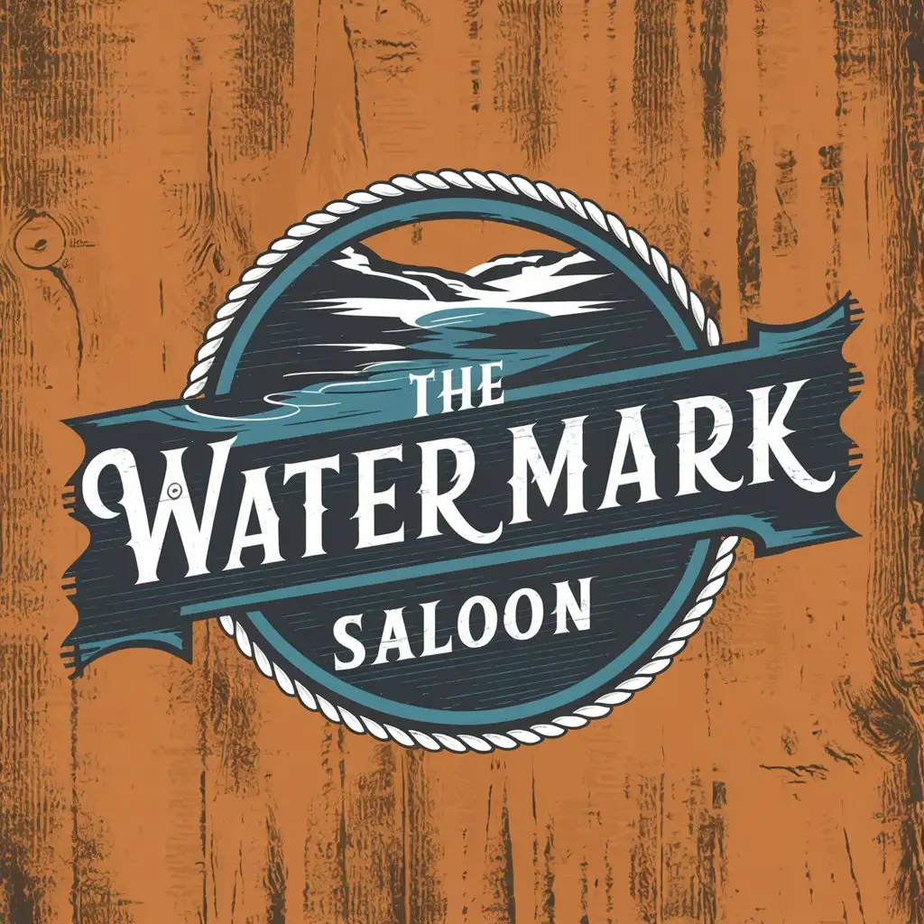 LOGO Design for The Watermark Saloon Vintage Riverthemed Logo in Blue Tan and Wood Texture