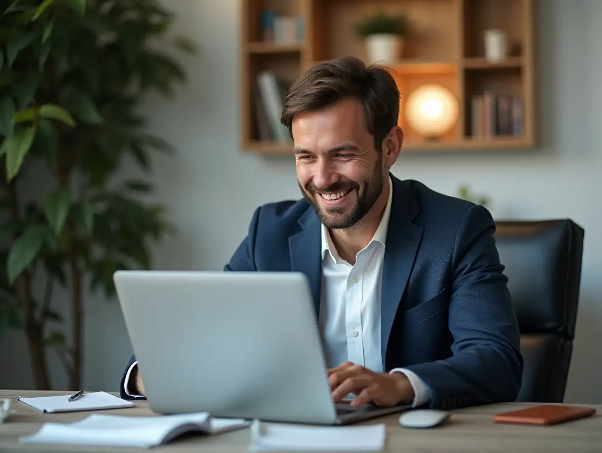 Mature businessman, laptop and reading at startup, office and thinking for decision, review or choice. Person, computer and entrepreneur with smile for feedback, results and networking at agency