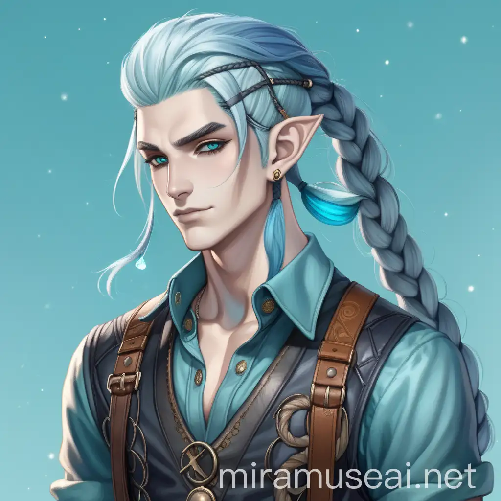 Young Male Water Genasi with Teal Skin and Silver Blue Hair