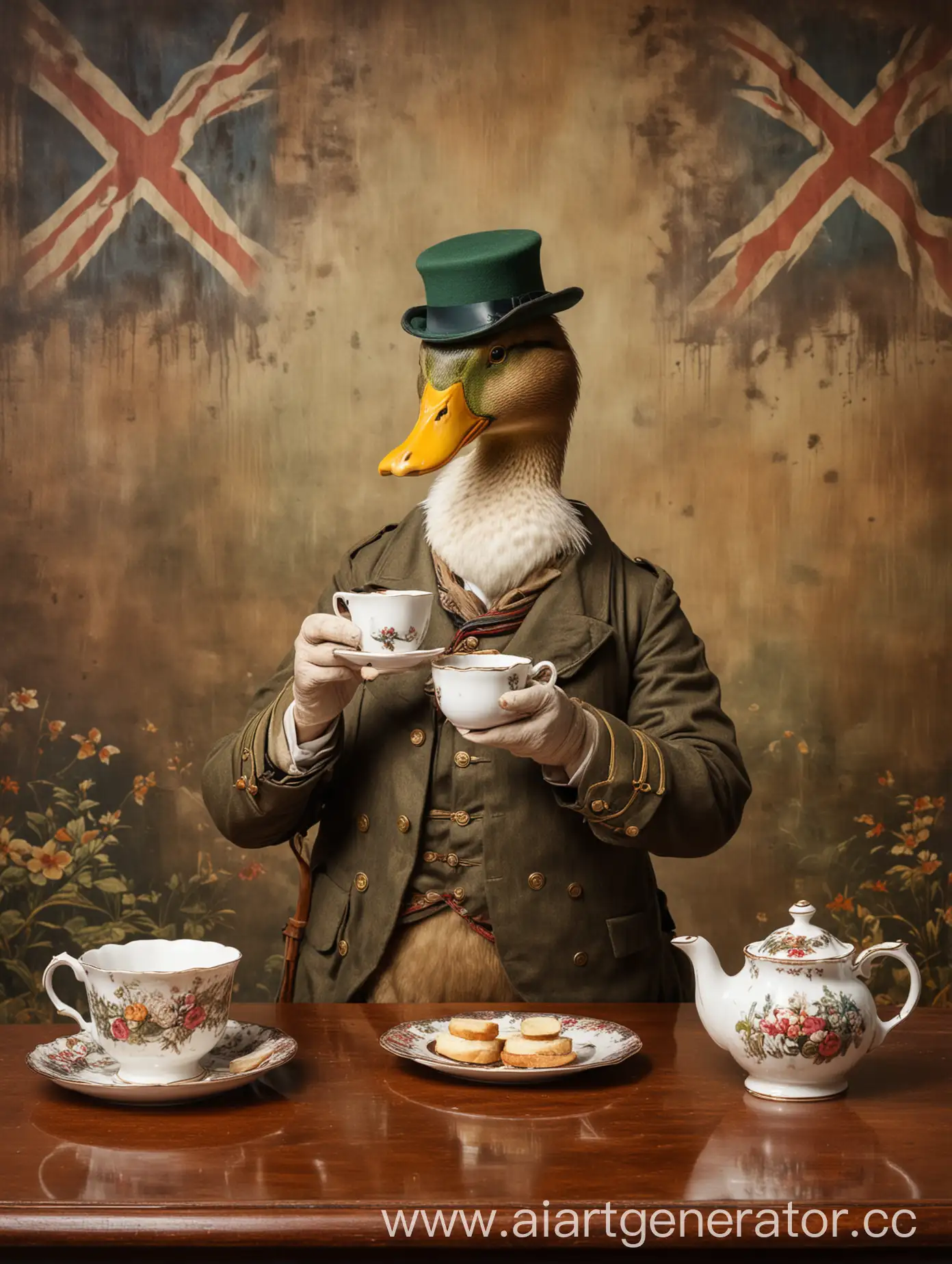 English-Duck-Drinking-Tea-with-a-War-Background