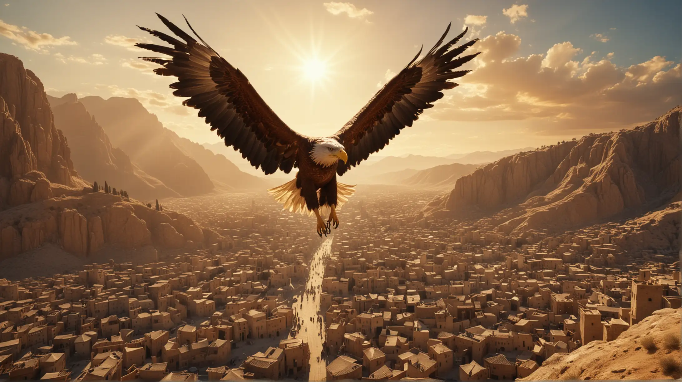 Eagle Flying Above Medieval Desert City at Sunset