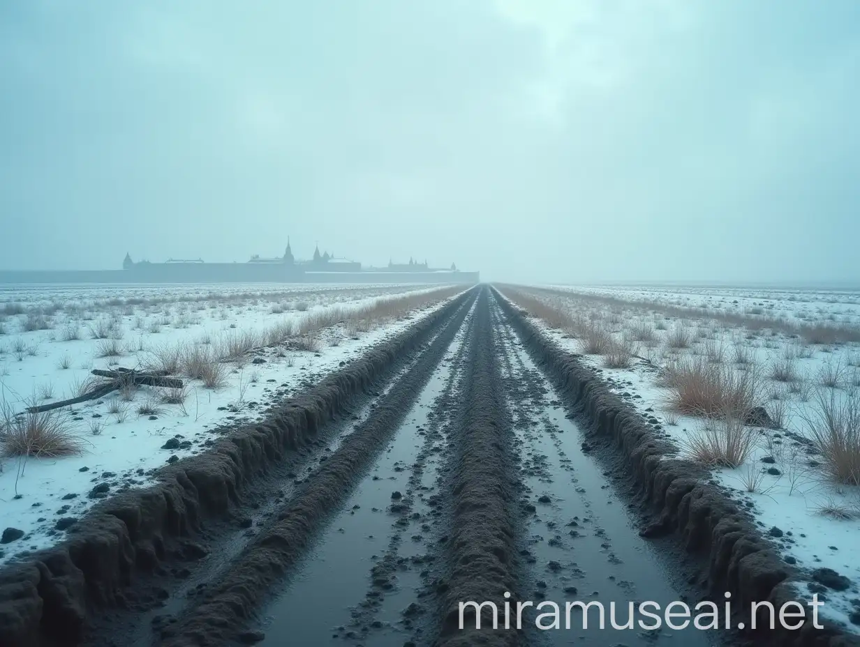 Desolate Winter Road to Ancient Russian City