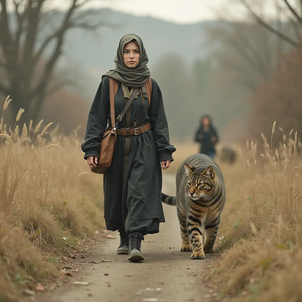 A woman in a hijab walks with a giant cat