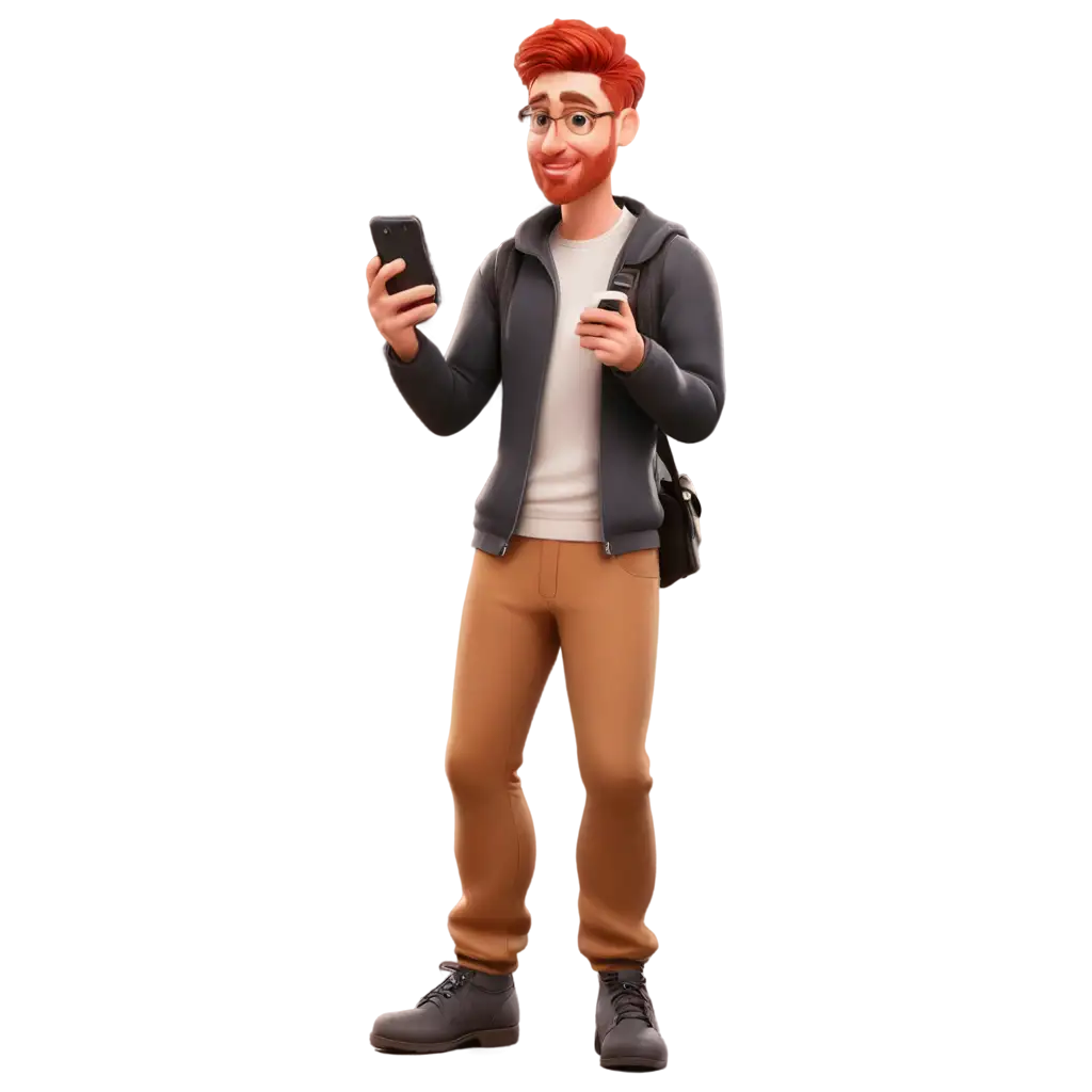 Cartoon-Man-with-Red-Hair-and-Happy-Face-Looking-at-His-Phone-PNG-Ideal-for-Web-and-Graphic-Design