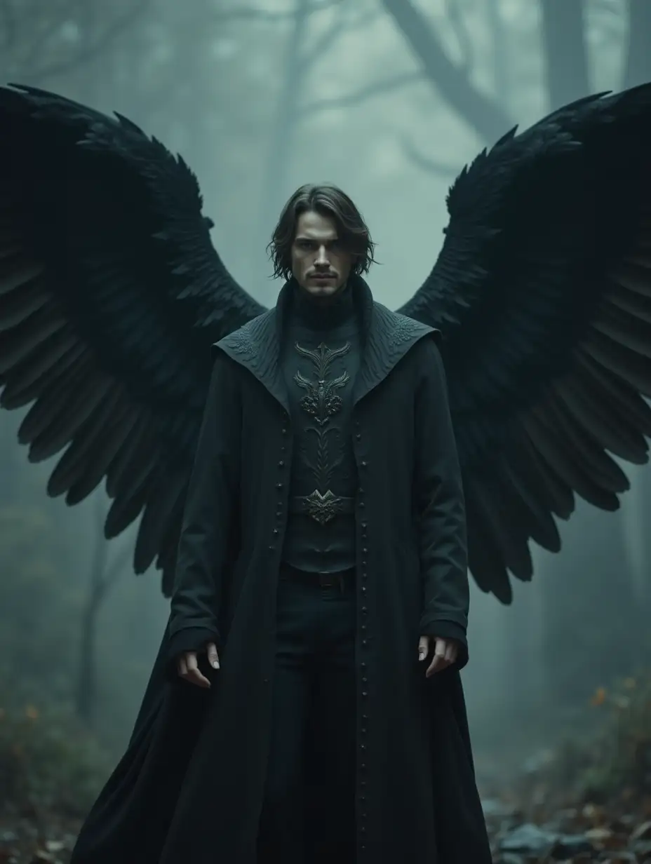 Male angel with black wings, fantasy world, cinematic