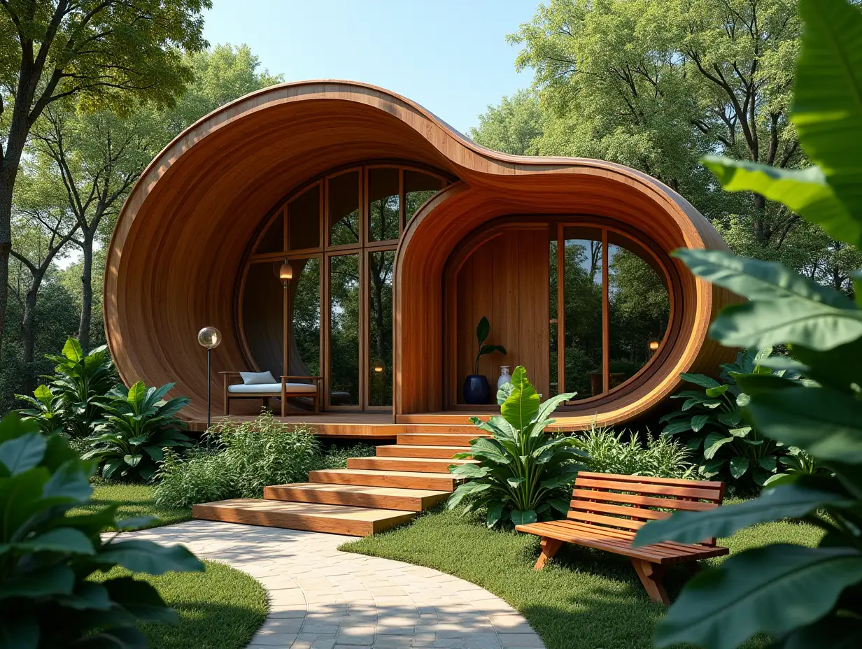 crooked house garden planting-with wood decoration, large windows with glass closed, curved, smooth window shapes, winding big entrance step out of wood waterfall, banana plants complex curved roof,Lanterns,bench apple tree 4K resolution bright colorful superWide-angle shots