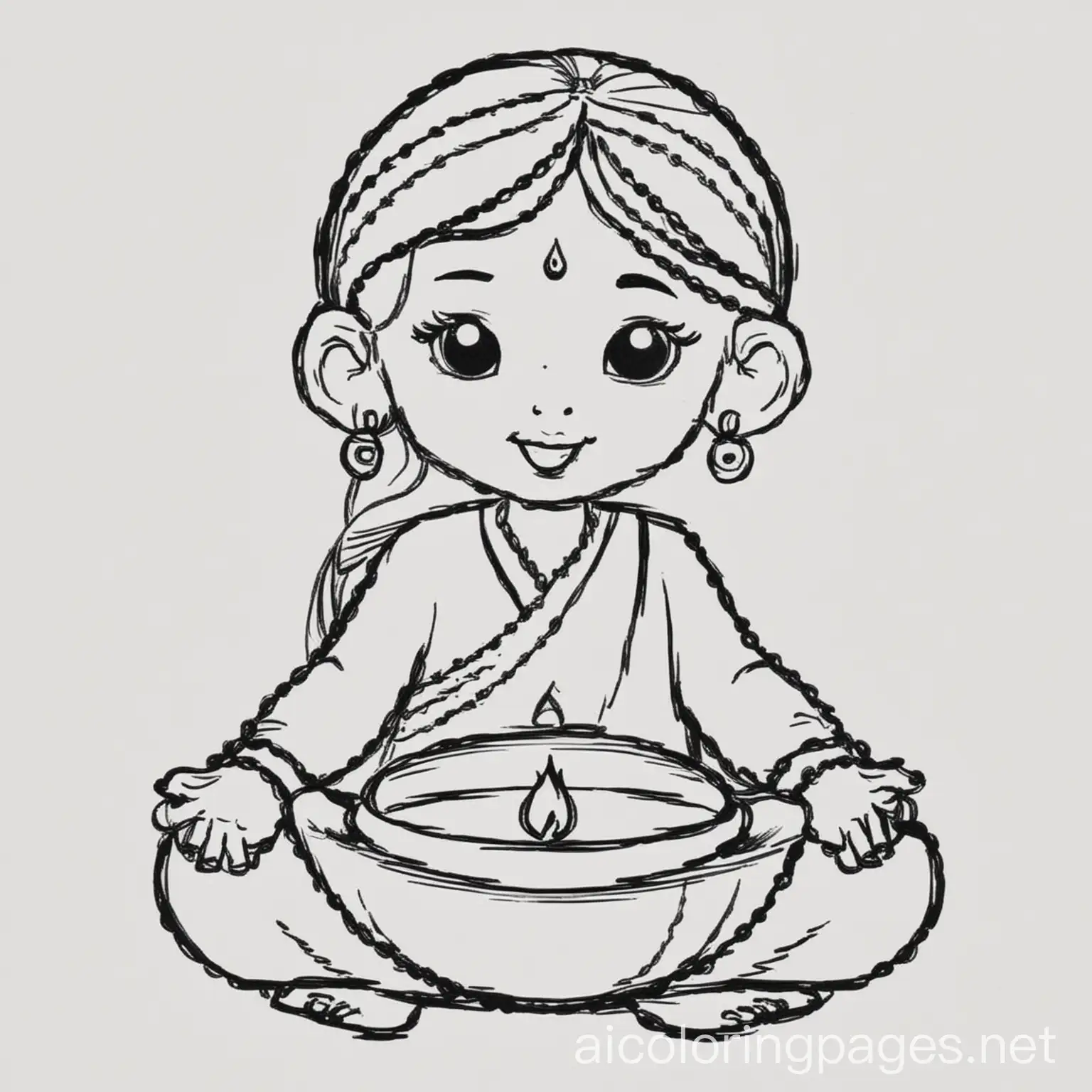 Diya, Coloring Page, black and white, line art, white background, Simplicity, Ample White Space. The background of the coloring page is plain white to make it easy for young children to color within the lines. The outlines of all the subjects are easy to distinguish, making it simple for kids to color without too much difficulty