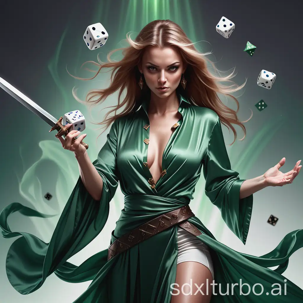 Attractive-Lady-of-Luck-in-Silky-Clothes-Wielding-a-Sword-and-Throwing-Dice-for-Protection-Spell