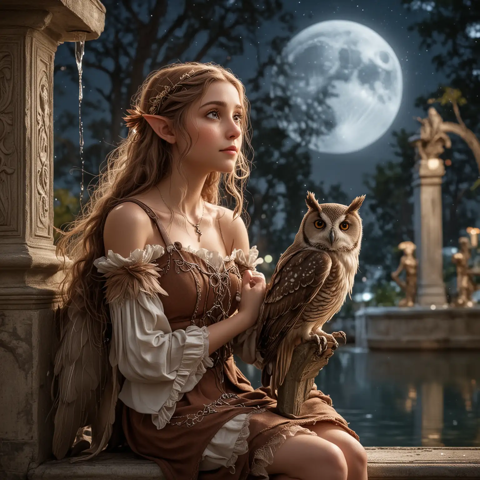 Elf-Girl-with-Brown-Owl-by-Fountain-Under-a-Full-Moon