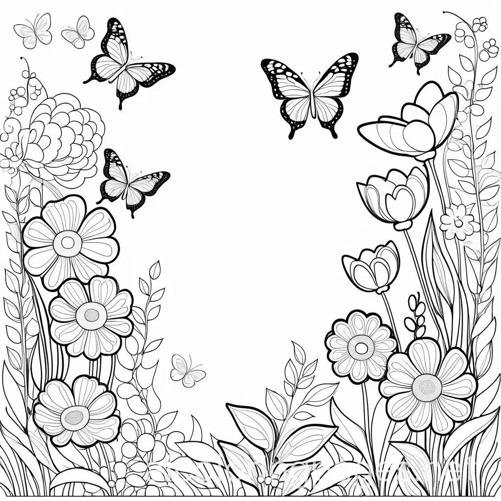 butterflies on a park with flowers background, Coloring Page, black and white, line art, white background, Simplicity, Ample White Space. The background of the coloring page is plain white to make it easy for young children to color within the lines. The outlines of all the subjects are easy to distinguish, making it simple for kids to color without too much difficulty