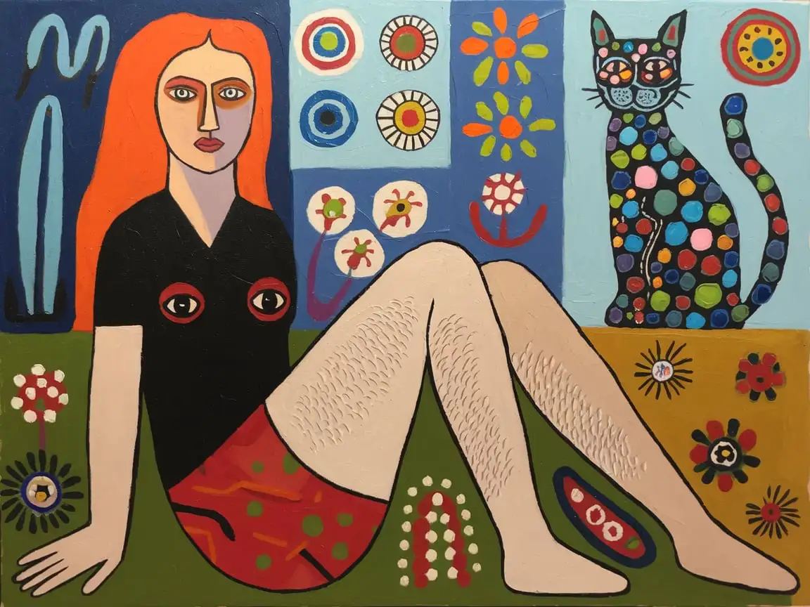 Redhead-Girl-with-Grey-Cat-in-Abstract-Feminist-Primitivism-Style