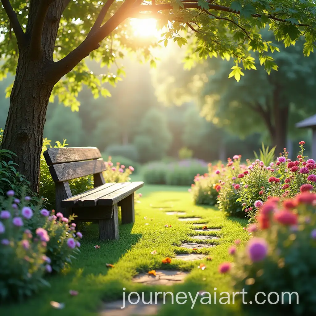 Tranquil-Garden-with-Blooming-Flowers-and-Cozy-Bench-Under-Soft-Sunlight