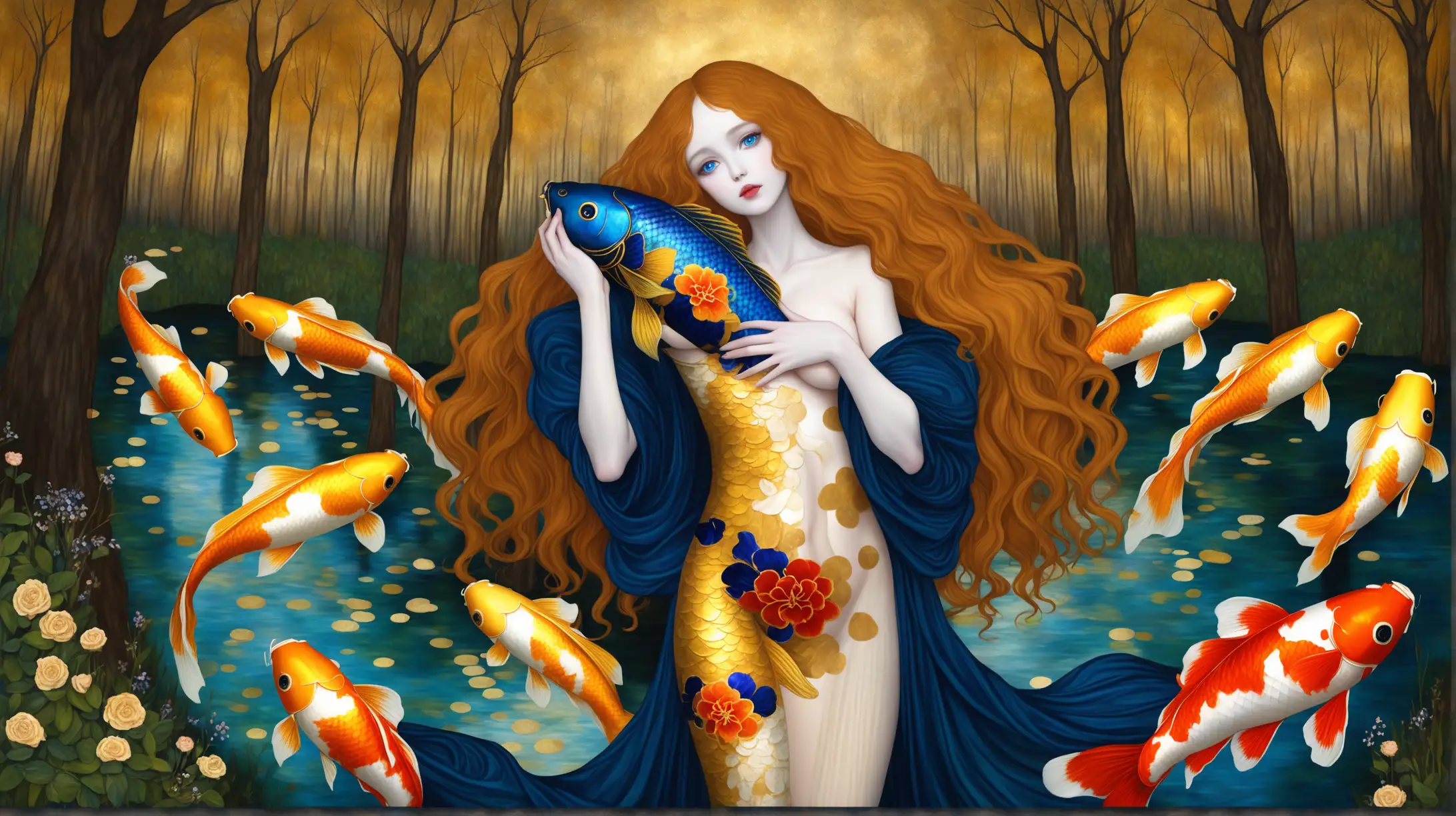 Enchanting Woman with Giant Koi Fish in Golden Forest Setting