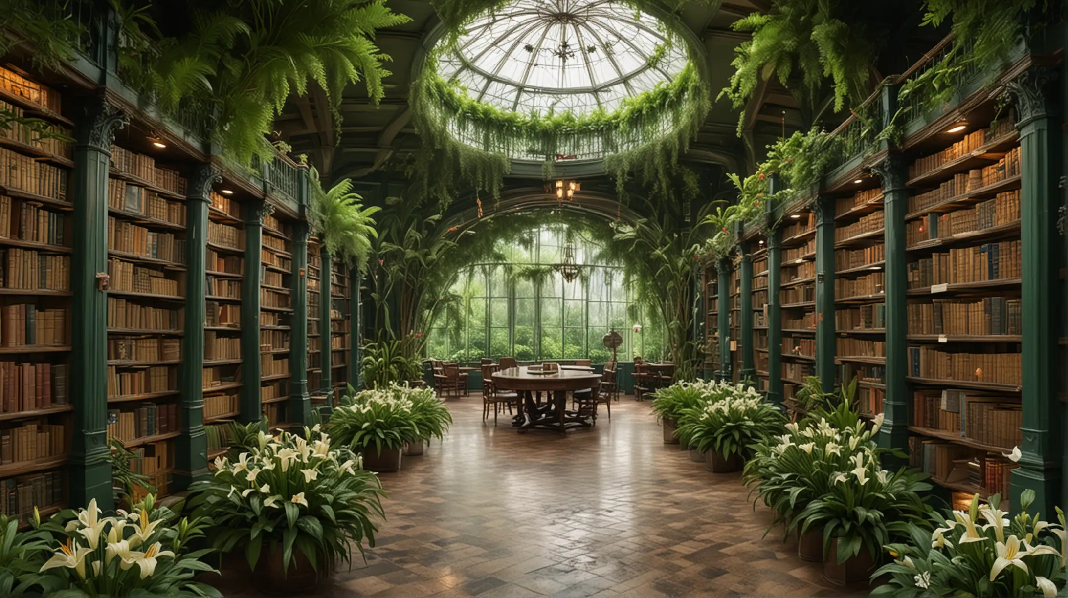 Panoramic Enchanted Library with Lush Greenery and Lilies