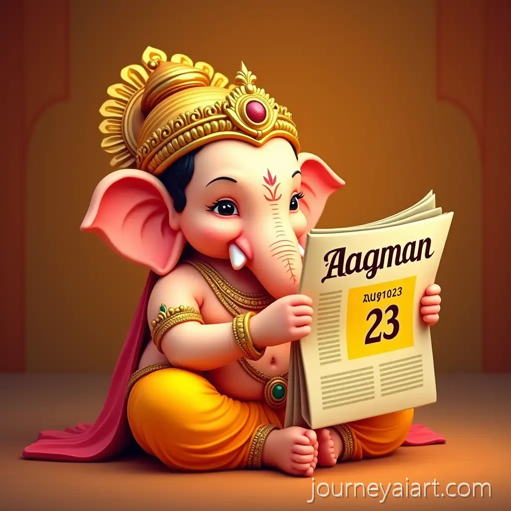 Lord-GanesLord-Ganesha-Reading-Newspaperha-with-Golden-Crown-Reading-Newspaper-in-Traditional-Festive-Setting