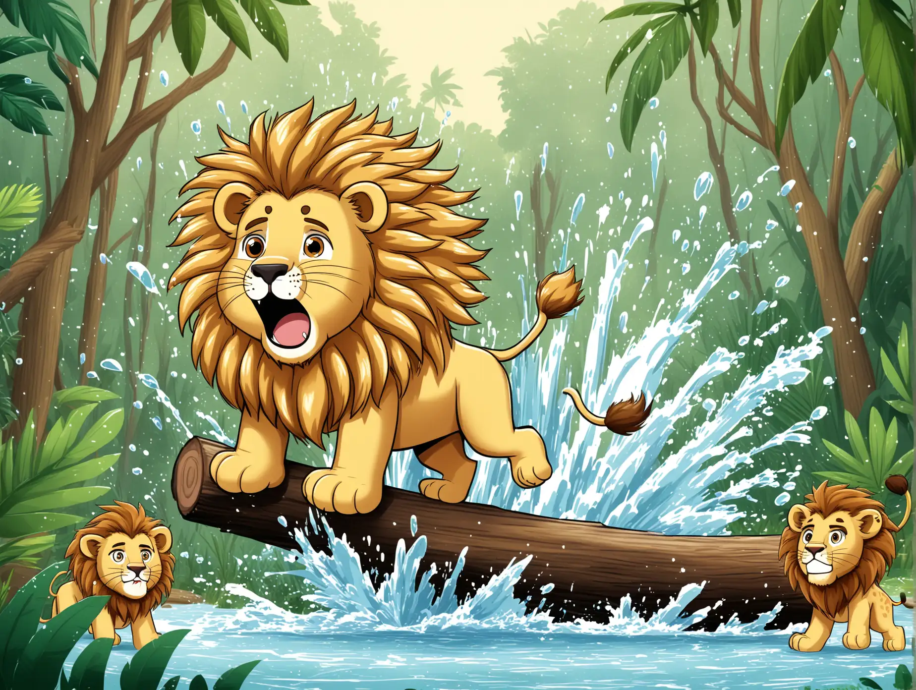 Cartoon Lion Balancing on Log in Jungle Scene