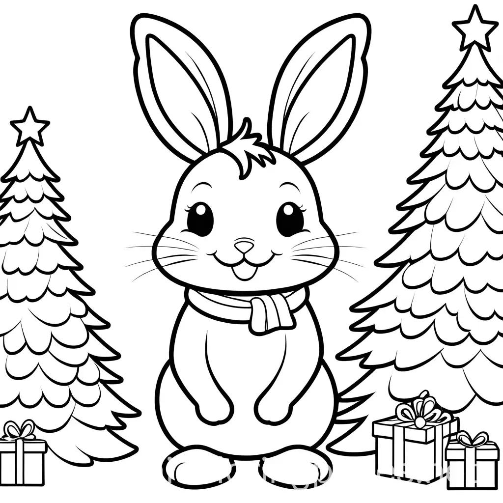 Smiling-Rabbit-Coloring-Page-in-Front-of-Christmas-Tree-for-Toddlers