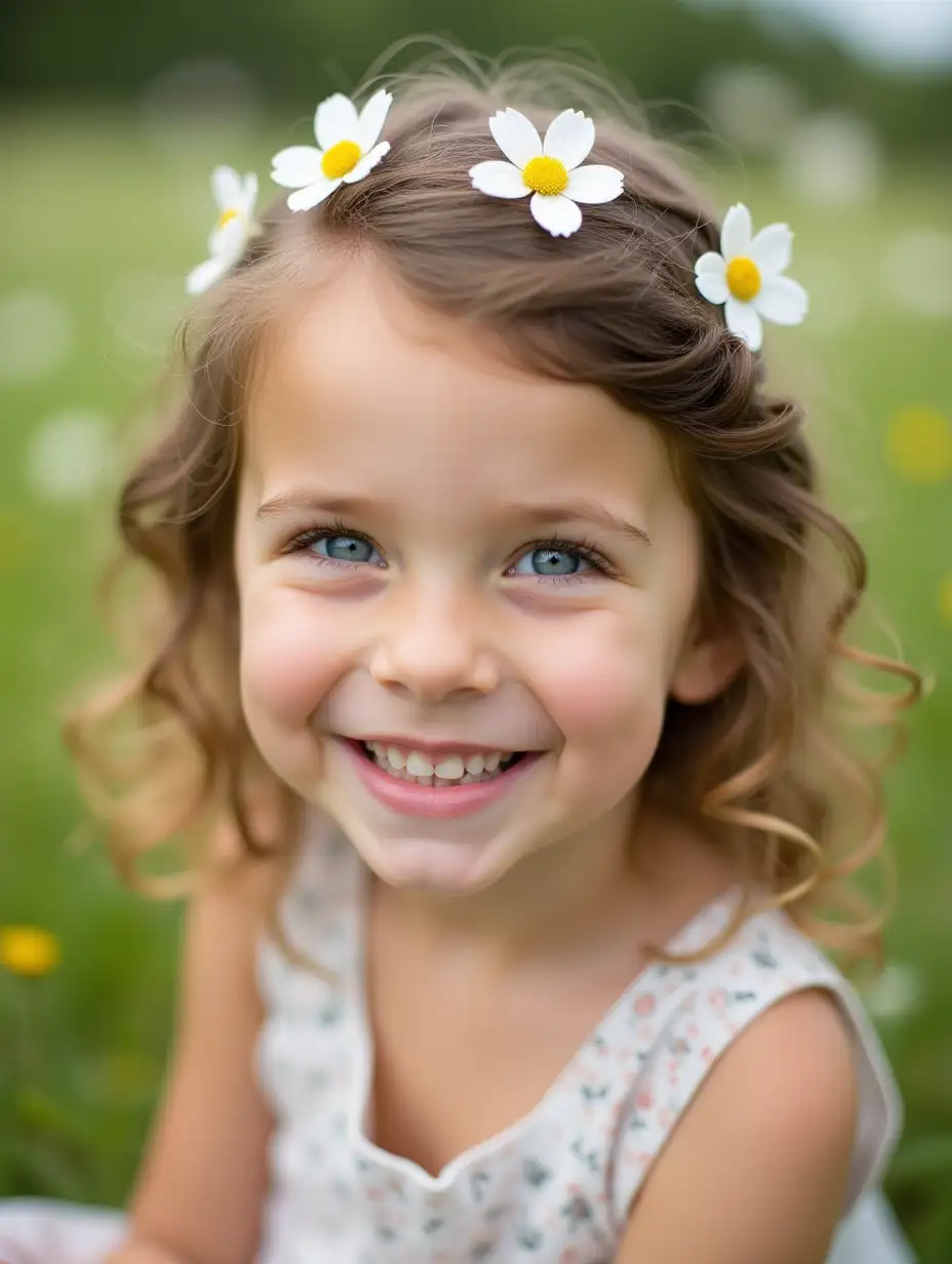 Smiling-Little-Girl-with-Wavy-Brown-Hair-in-Meadow-with-White-Flowers-in-Hair