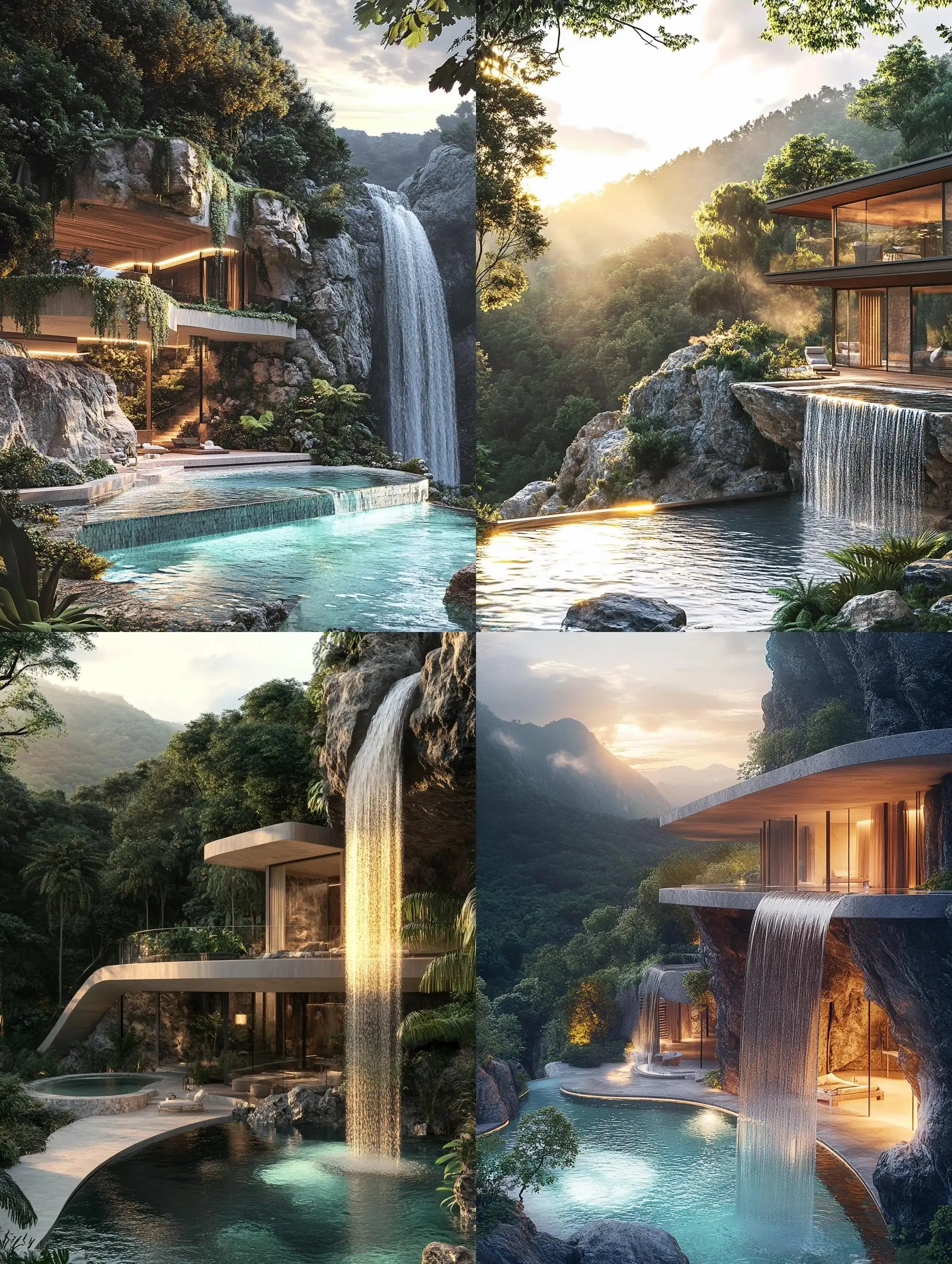 Bionic-Mountain-Retreat-with-Cascading-Waterfalls-and-Natural-Decor