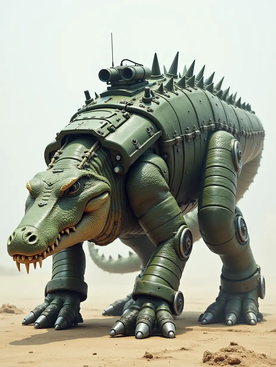 A monstrous crocodile fused with a military tank. Its back is covered in thick, armored plating, complete with rotating turrets. Its legs are reinforced with metal joints, allowing it to walk on land or submerge underwater like an amphibious war machine. Its tail is lined with spiked plating, capable of smashing obstacles in its path.