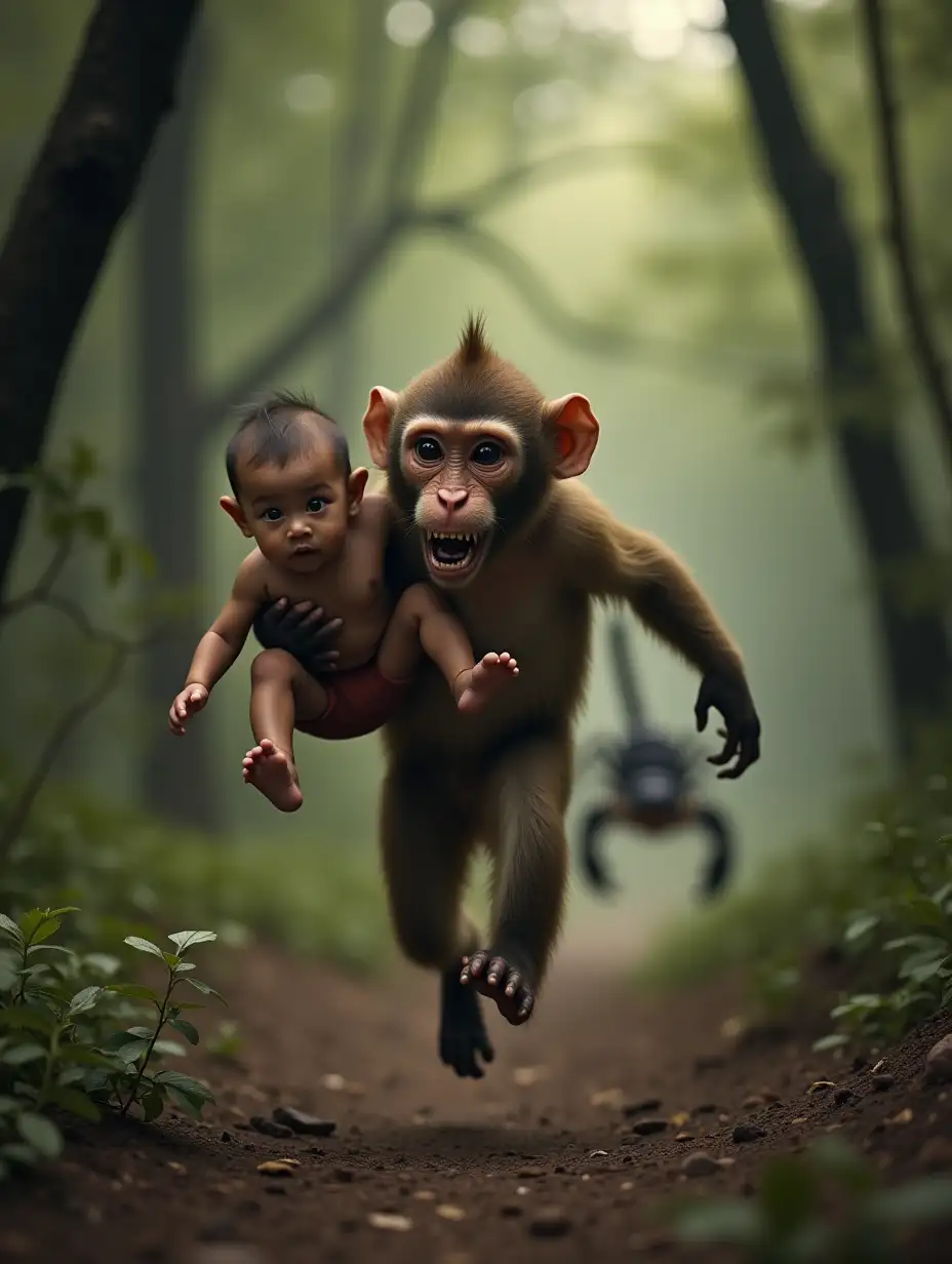 A brown monkey is holding a one-year-old human child in its arms, running through a scary forest, with a large black scorpion visible in the distance behind them.