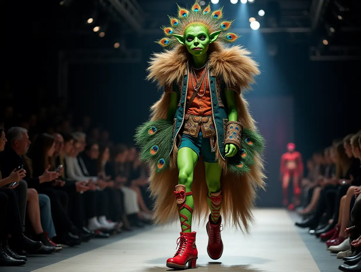 Ki-Fantasy, a mix of man-, shrek Ogre and peacock head design with beautiful shoes at a fashion show