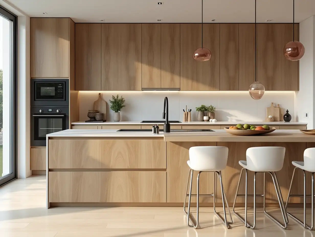 A modern kitchen with a wooden color and lead