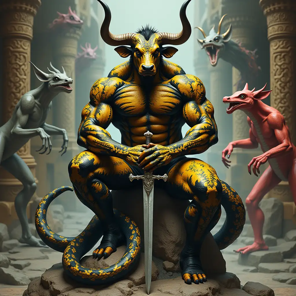 Ultradetailed hyperrealistic portrait black and yellow cow pattern bodybuilder with horns and snake skin, with a sword on a rock in a palace with various elaborately detailed, colorful strange creatures