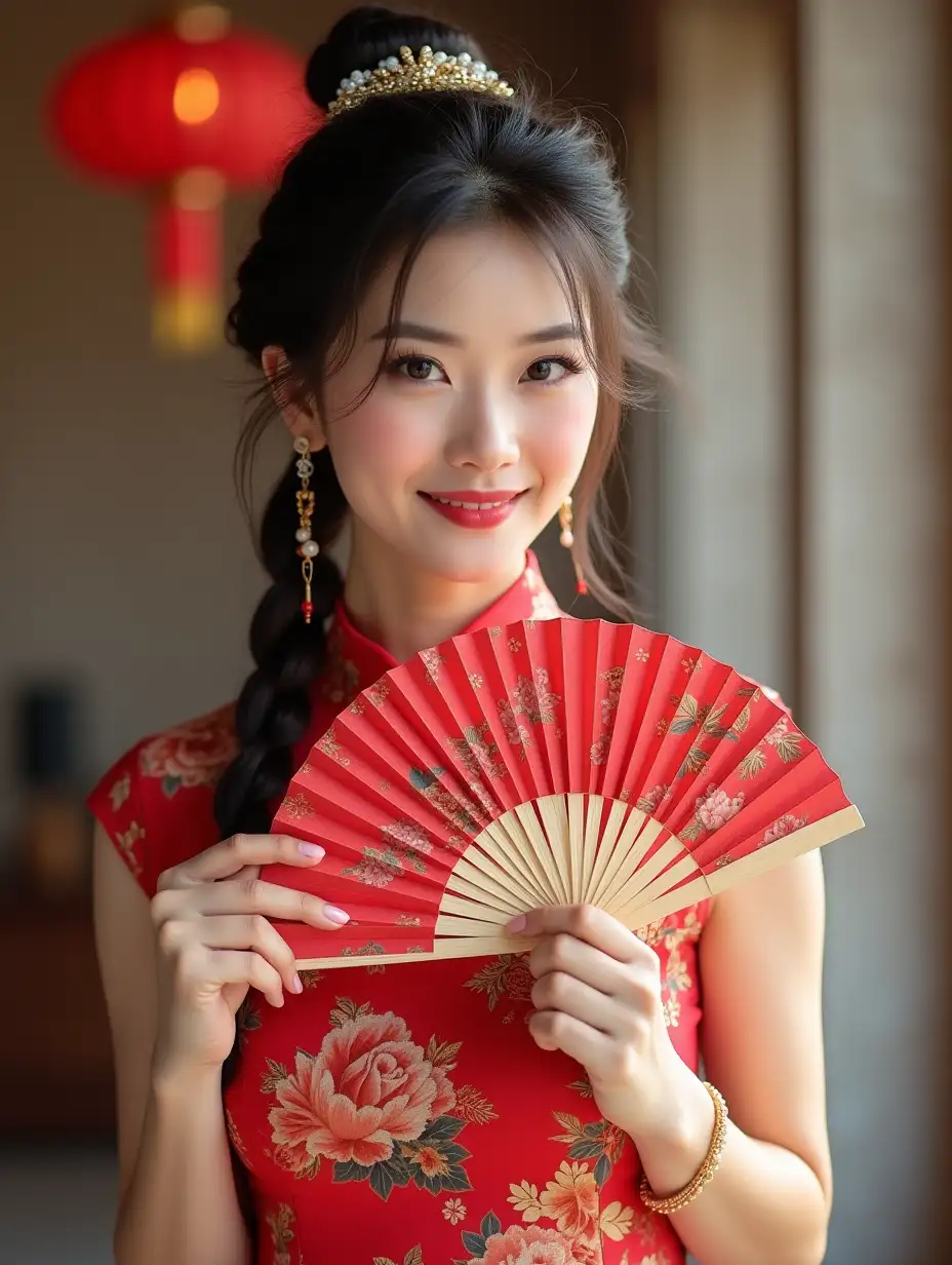 Gorgeous-Woman-in-a-Vibrant-Qipao-with-Wedding-Braid-and-Playful-Fan-Pose