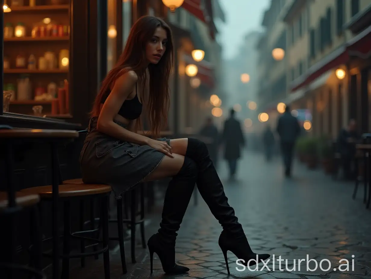 Elegant-DarkSkinned-Model-in-ThighHigh-Boots-at-a-Foggy-Italian-Cafe