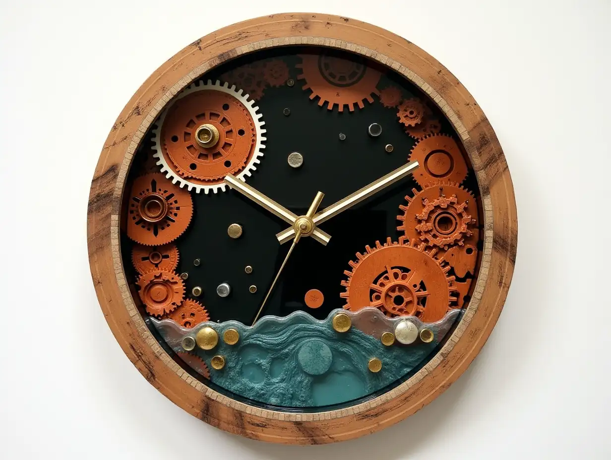 Resin harz wall clock with wood,stones  Water with gears,orange black, gold