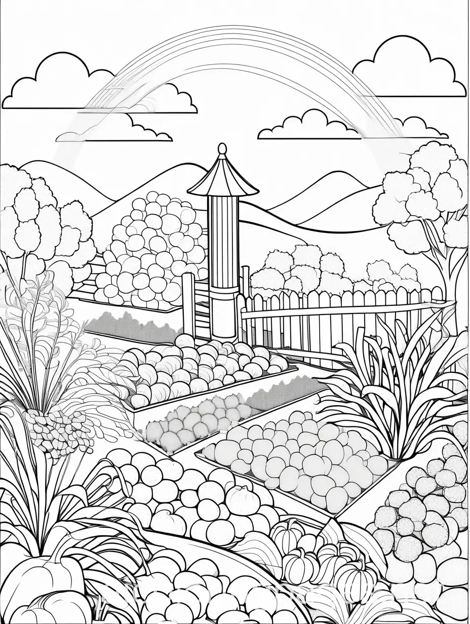 Water-Sprinkler-in-Vegetable-Garden-with-Fresh-Vegetables-Coloring-Page