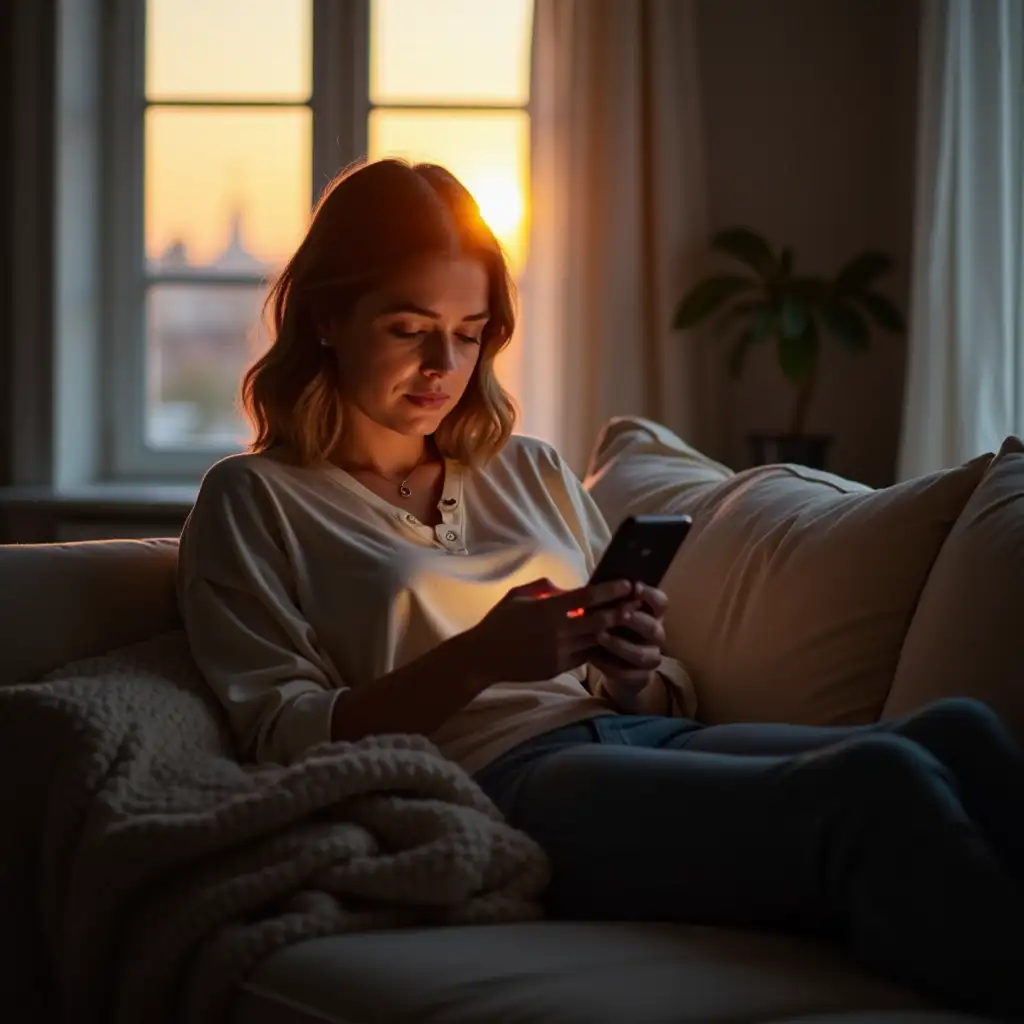 Woman-Sitting-on-Sofa-in-Early-Morning-Writing-a-Message-on-Her-Phone