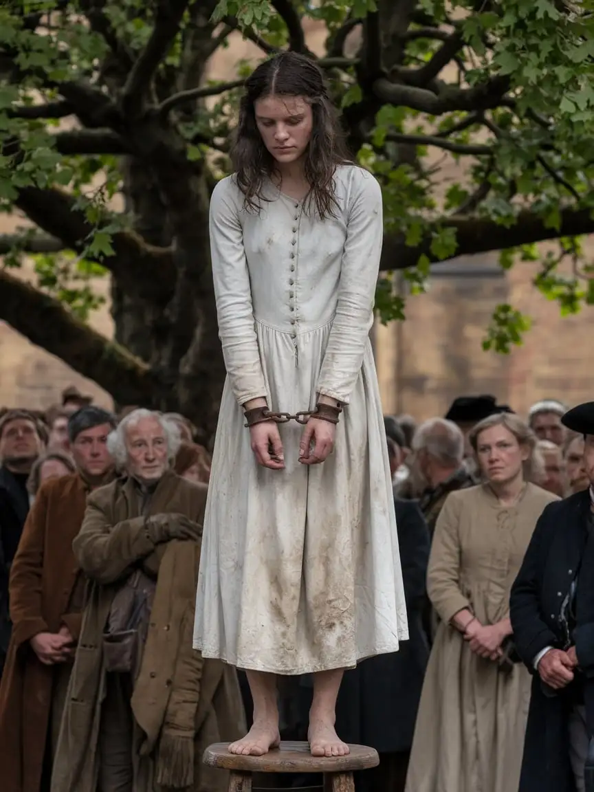 Disciplined Woman in 18th Century Prisonyard with Rich Citizens Watching