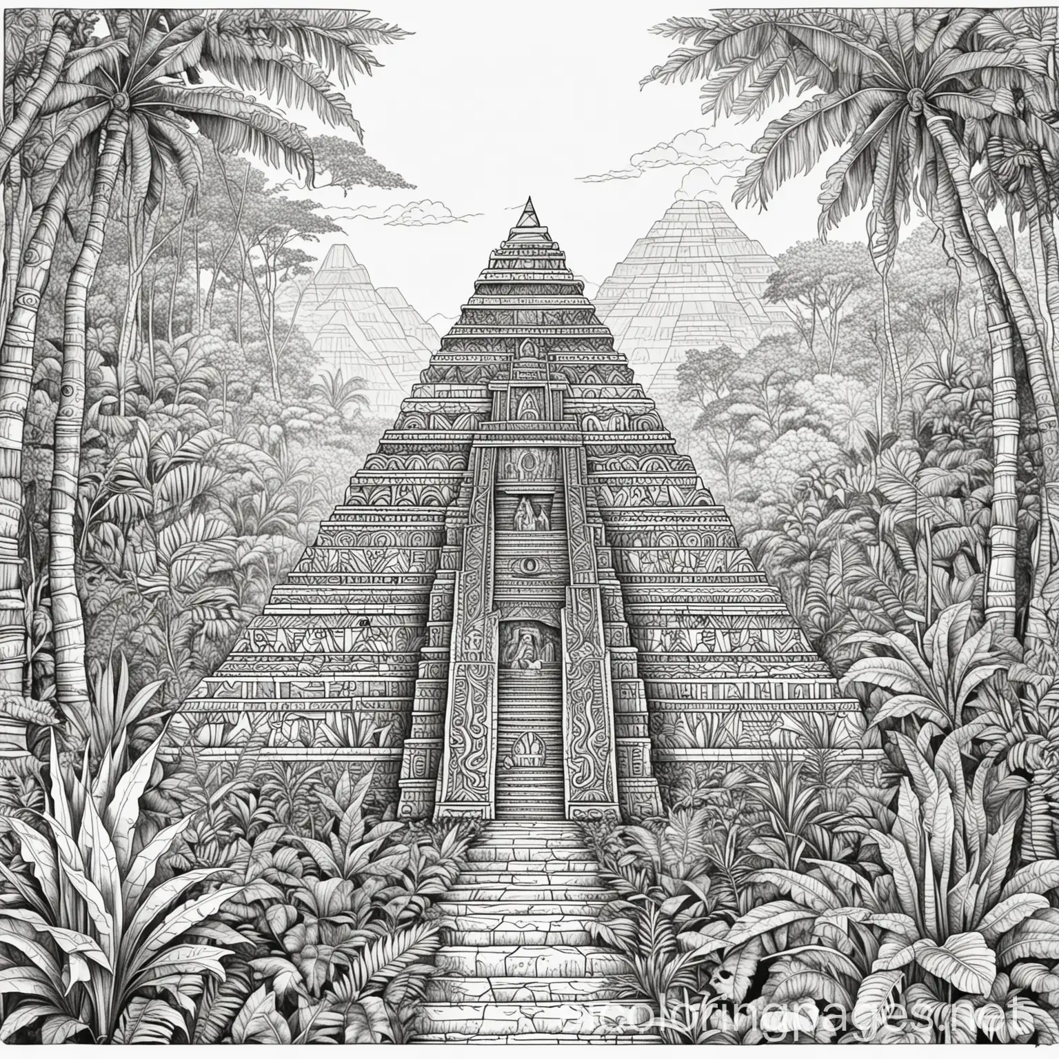 coloring page zentangle ancient maya pyramid and jungle, Coloring Page, black and white, line art, white background, Simplicity, Ample White Space. The background of the coloring page is plain white to make it easy for young children to color within the lines. The outlines of all the subjects are easy to distinguish, making it simple for kids to color without too much difficulty