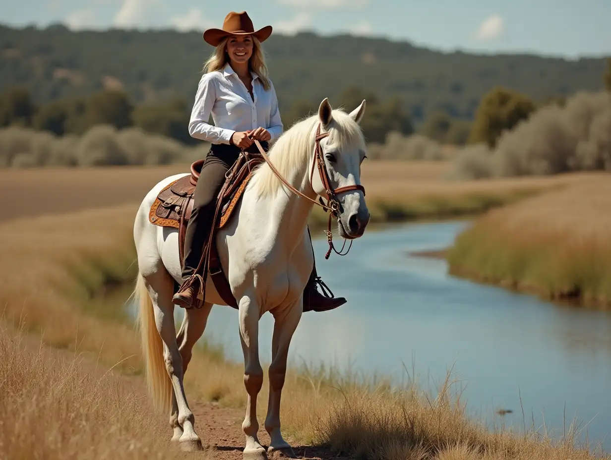 a western horse with white hoofs standing by a stream facing right a (ultra-detailed) 29 year old woman , lightly tanned colored face dressed in white western shirt gear, smiling towards camera, riding a horse, with gold spurs on her cowboy boots