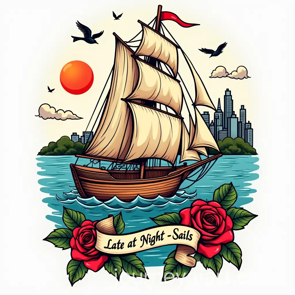 Sailing-Sailboat-with-Heart-and-Roses-Against-a-Vibrant-Ocean-Cityscape