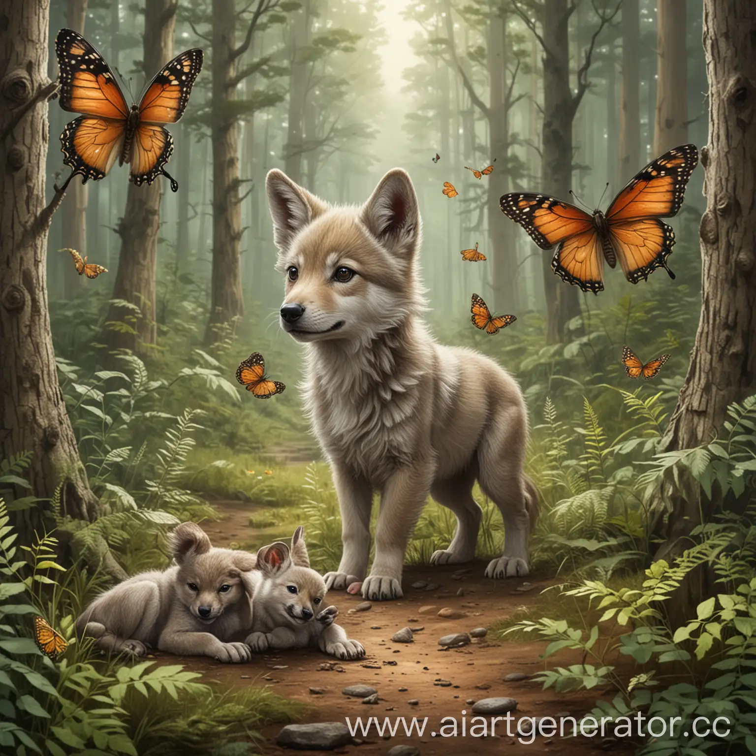 Wolf-Cub-Antelope-and-Butterfly-Playing-in-a-Forest-Clearing