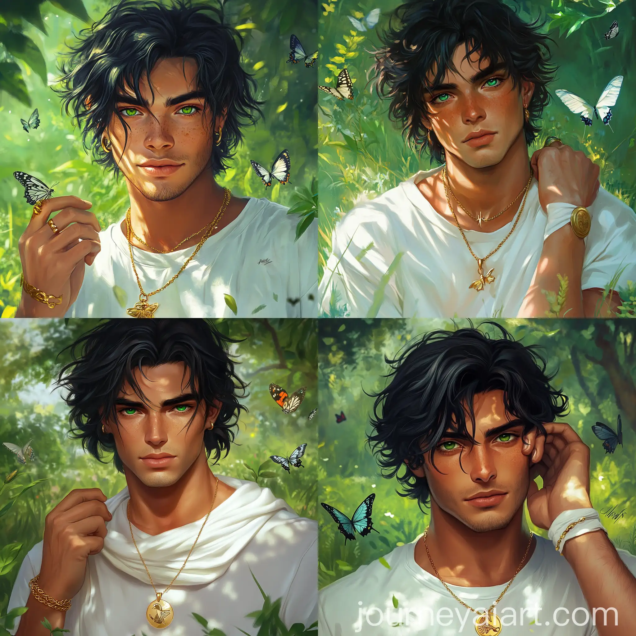 SemiRealistic-Man-with-Green-Eyes-and-Bird-Pendant-in-Lush-Green-Field